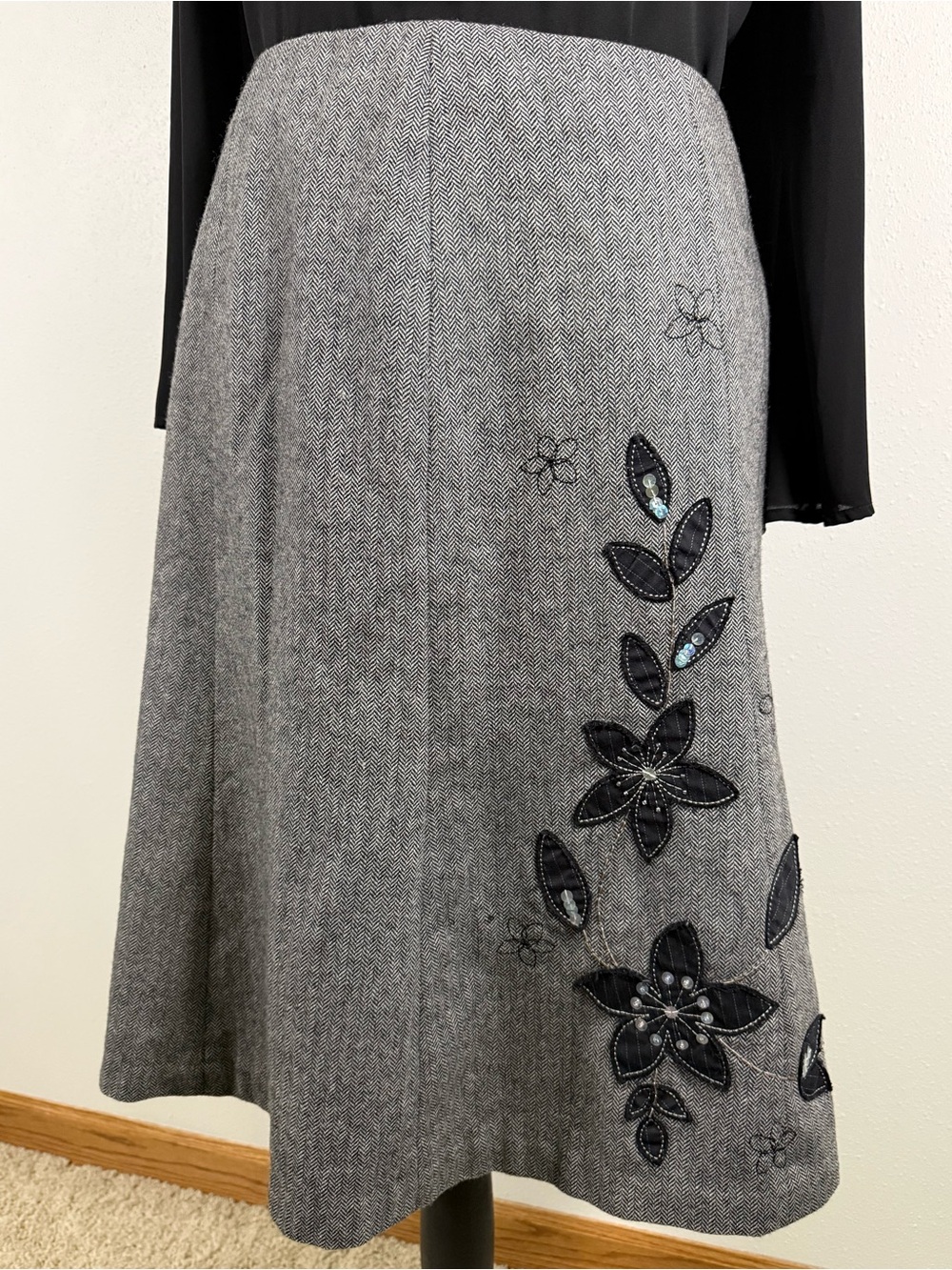 Jones New York Country Vintage Wool Herringbone Floral A-Line Skirt 6
